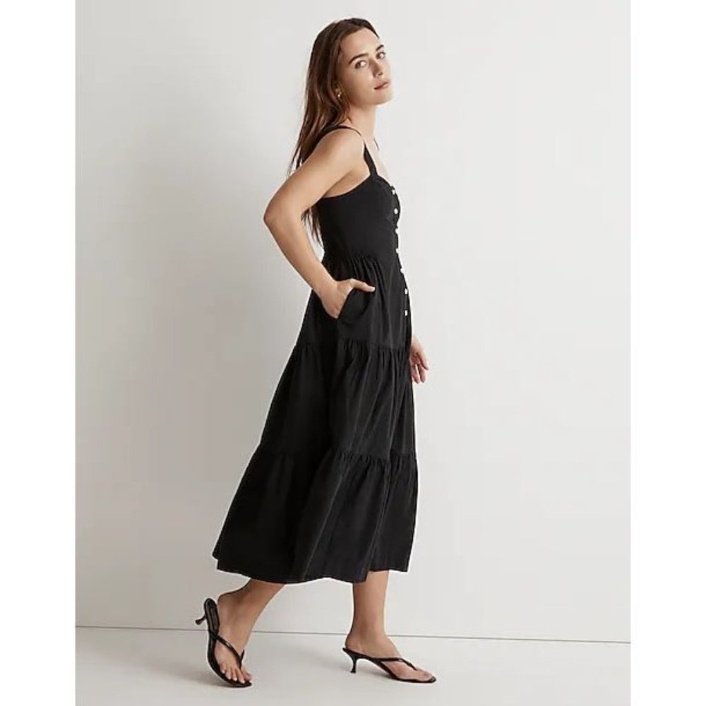 Madewell NWT Button-Front Tiered Midi Dress in True Black size 2 - Picture 8 of 9